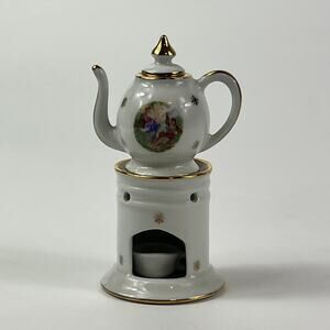Limoges Miniature Teapot With Warmer Stand France White Mini Gold Trim Vintage